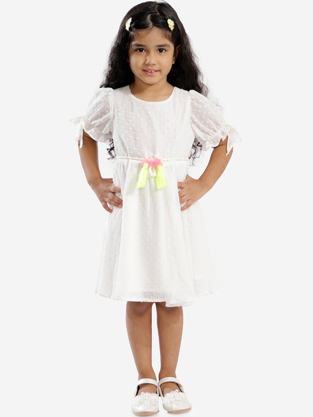 

LIL DRAMA Girls White Self Design Georgette Dress