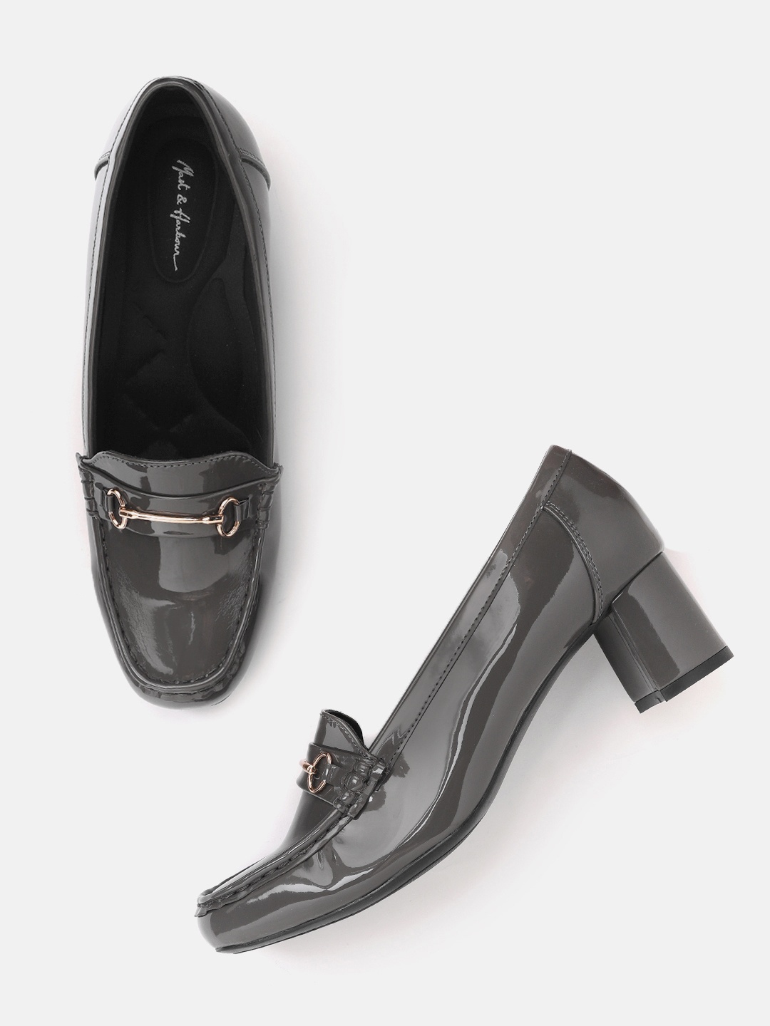 

Mast & Harbour Charcoal Grey Solid Glossy Finish Block Heeled Pumps
