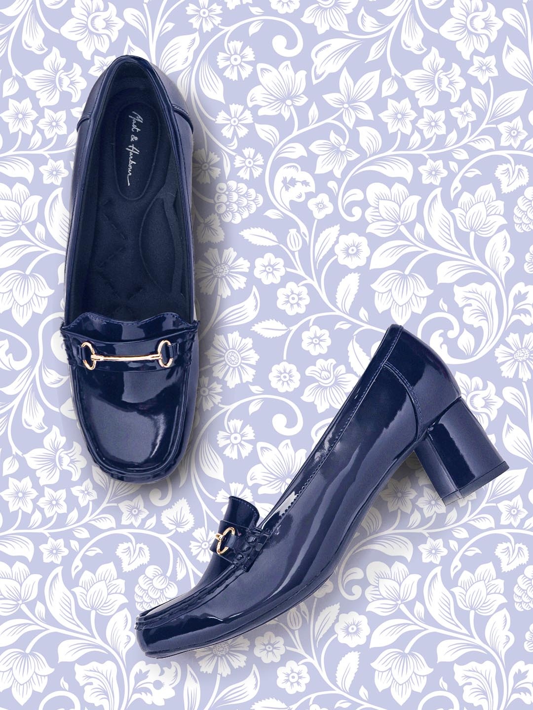 

Mast & Harbour Navy Blue Solid Glossy Finish Block Heeled Pumps