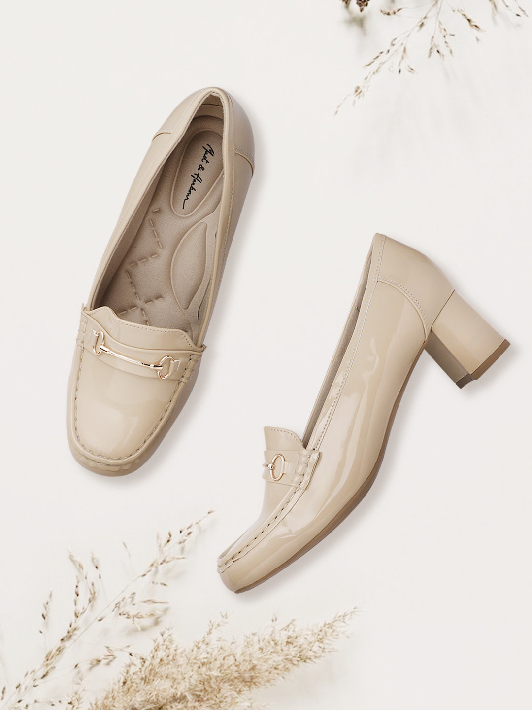 

Mast & Harbour Beige Solid Glossy Finish Block Heeled Pumps