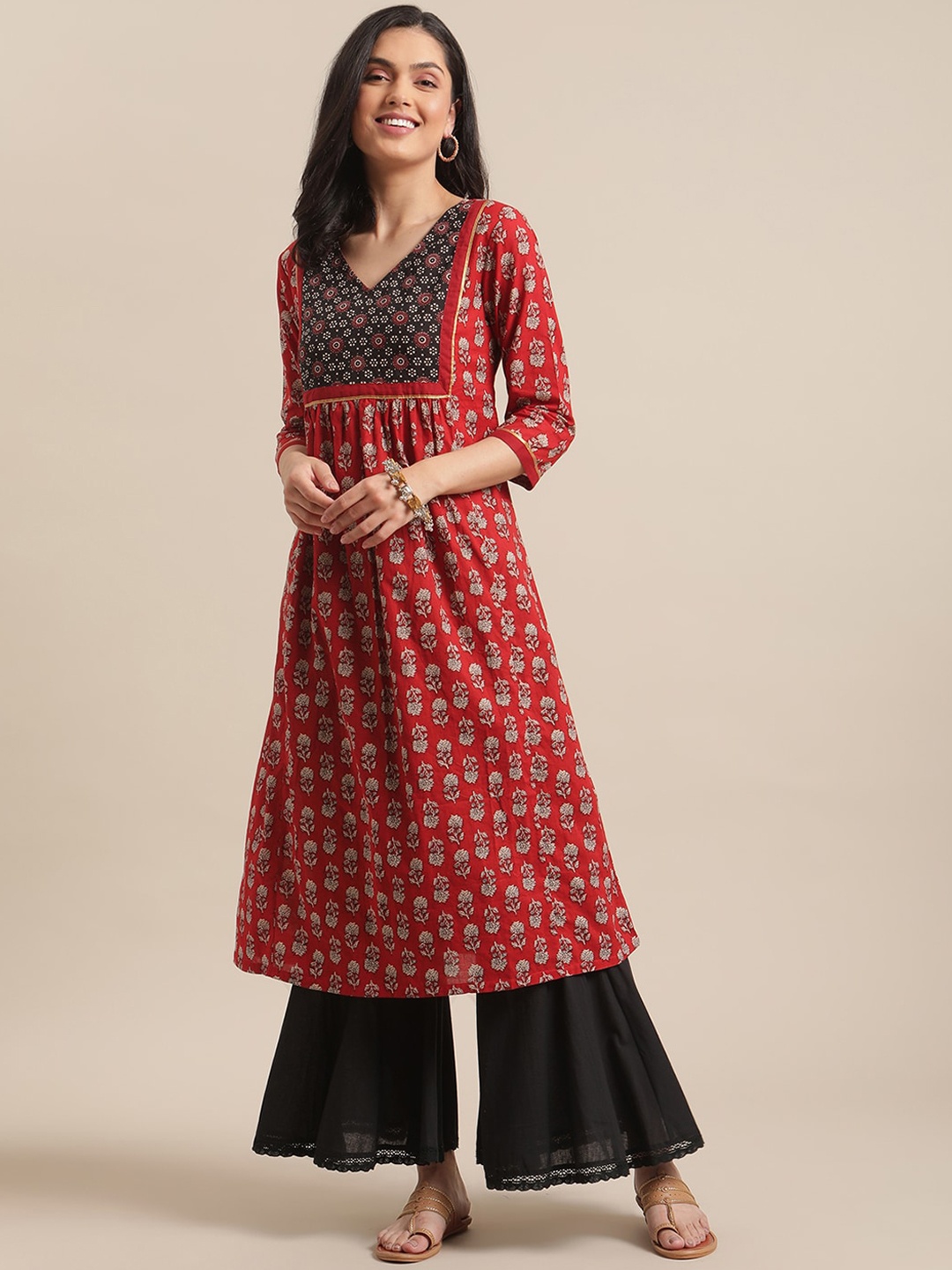 

Varanga Women Rust Brown & Beige Floral Screen Printed Pure Cotton A-Line Kurta