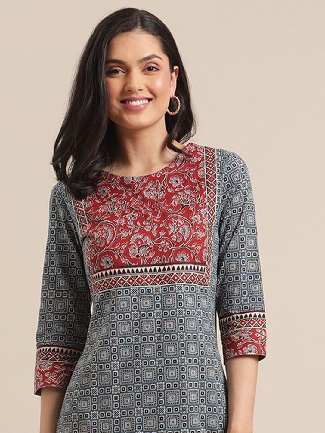 

Varanga Women Geometric Ethnic Motif Printed Pure Cotton Kurta, Blue