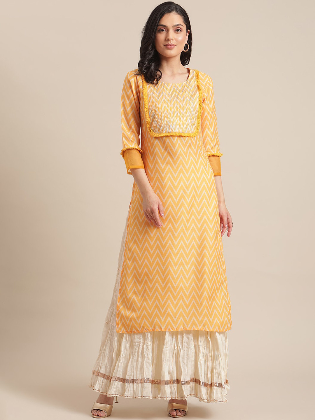 

Varanga Women Yellow & White Chevron Printed Thread Work Straight Kurta