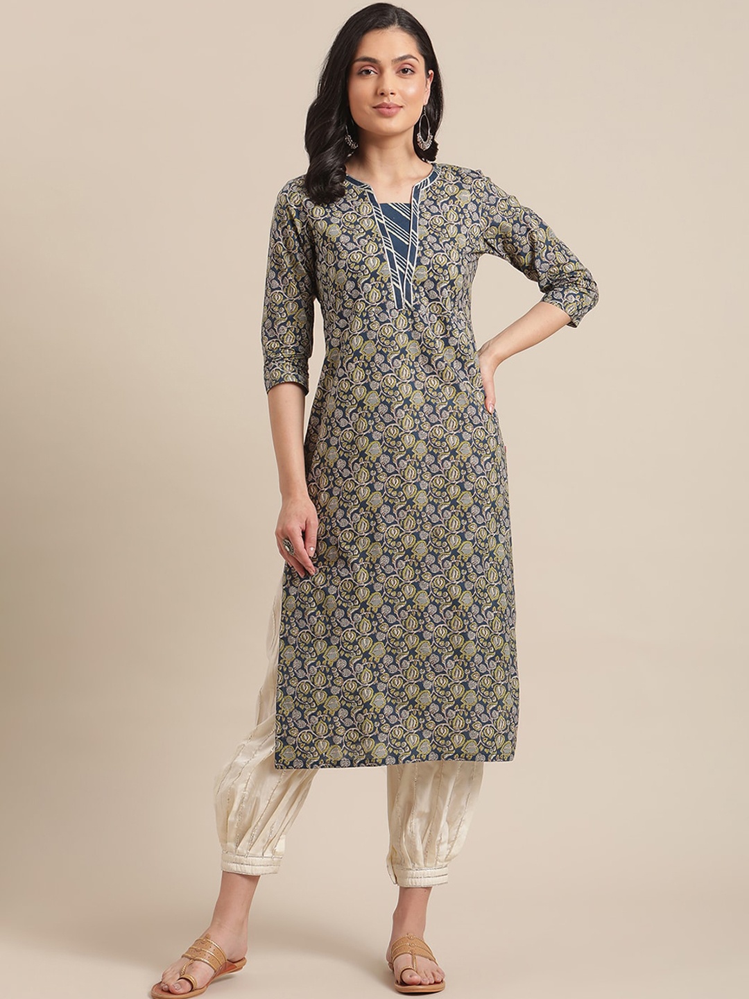 

Varanga Women Navy Blue & Yellow Floral Printed Pure Cotton Kurta