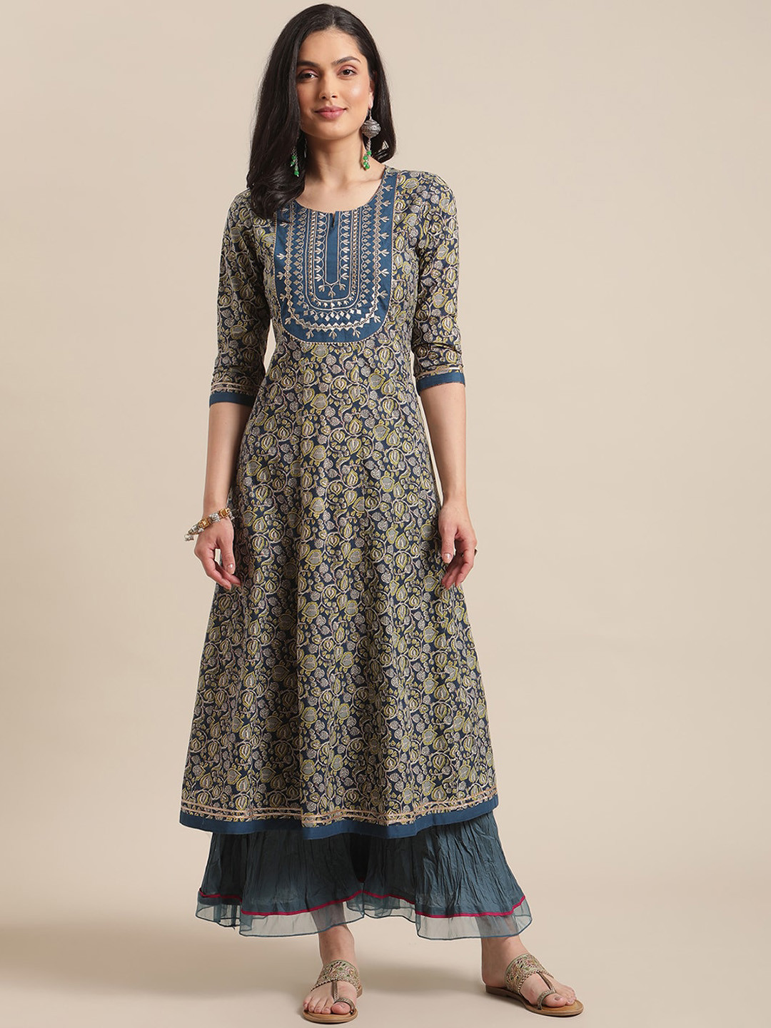 

Varanga Women Navy Blue & Yellow Floral Printed Pure Cotton A-Line Kurta