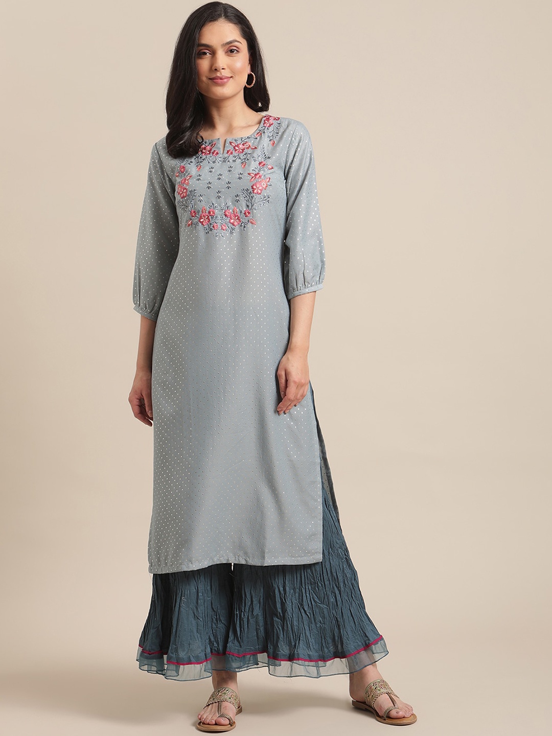 

Varanga Women Blue Embellished Yoke Design Thread Work Floral Kurta