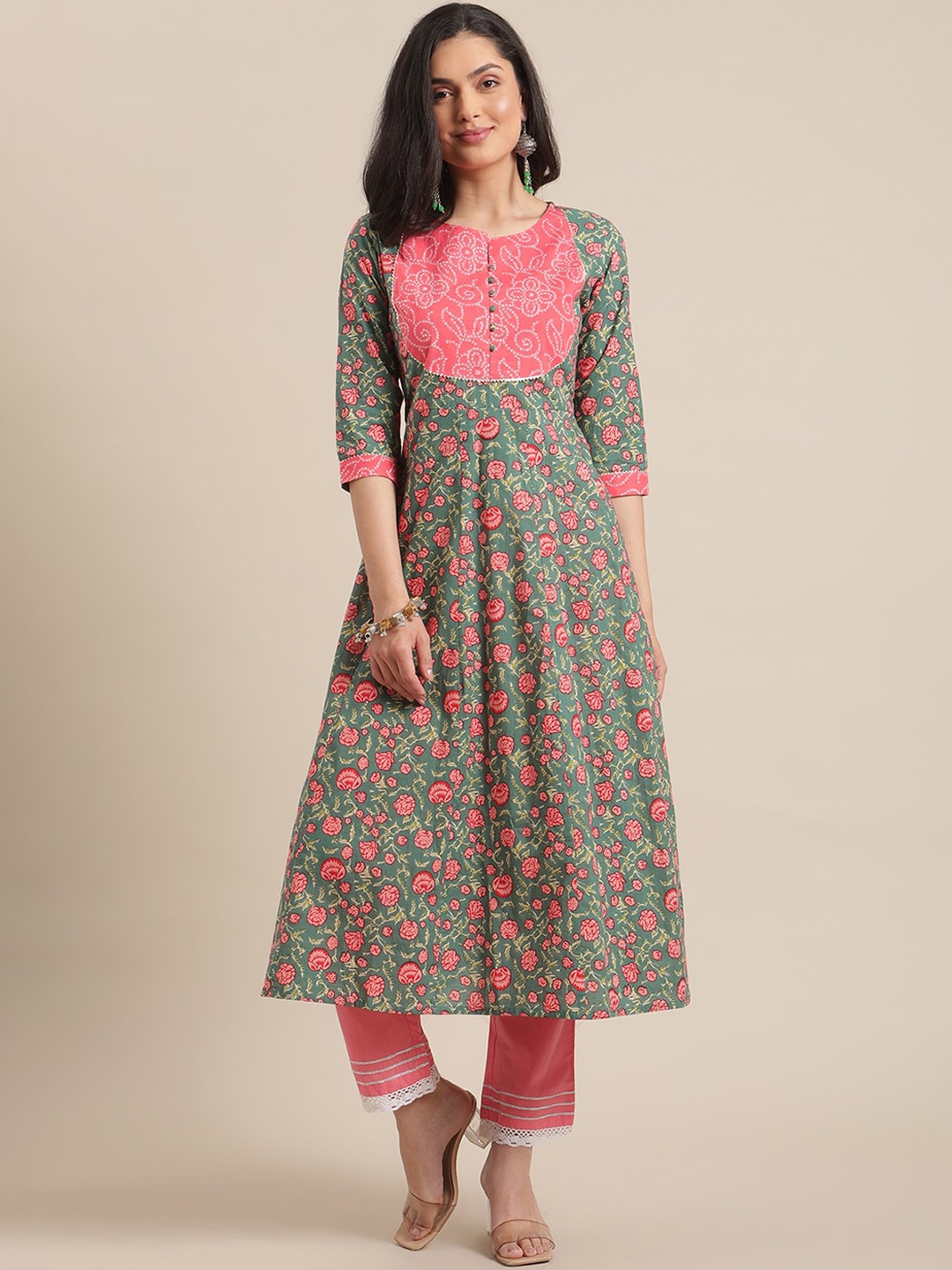 

Varanga Women Green & Pink Floral Screen Printed Pure Cotton A-Line Kurta
