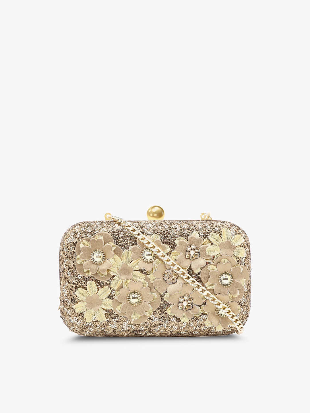

Vdesi Gold & Beige Sequinned Embellished Showstopper Box Clutch