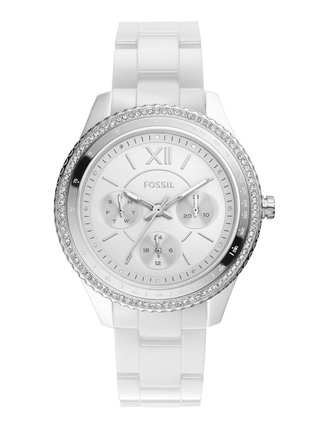 

Fossil Women Silver-Toned Embellished Dial& White Ceramic Analogue Watch CE1113