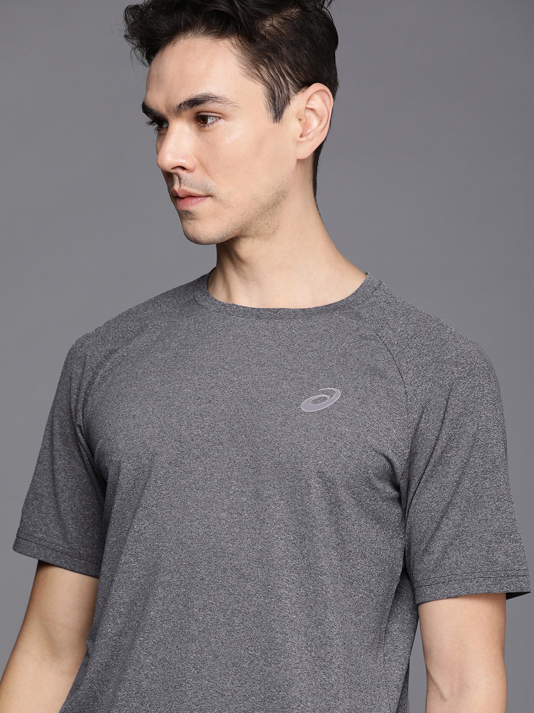 

ASICS Men Grey Solid ROUND NECK HEATHER Running T-shirt