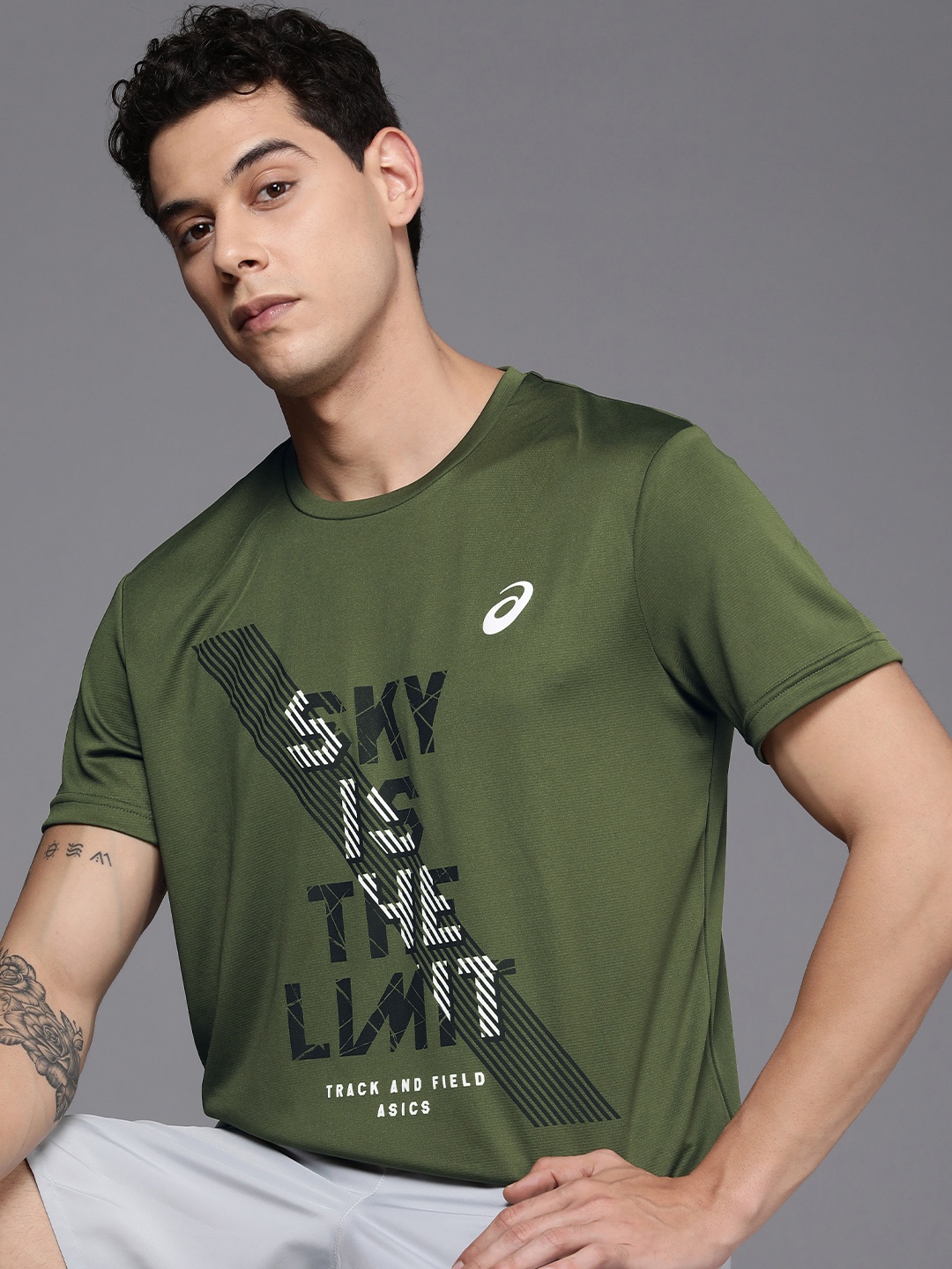 

ASICS Men Green Typography Print Round Neck Outdoor Sports T-shirt