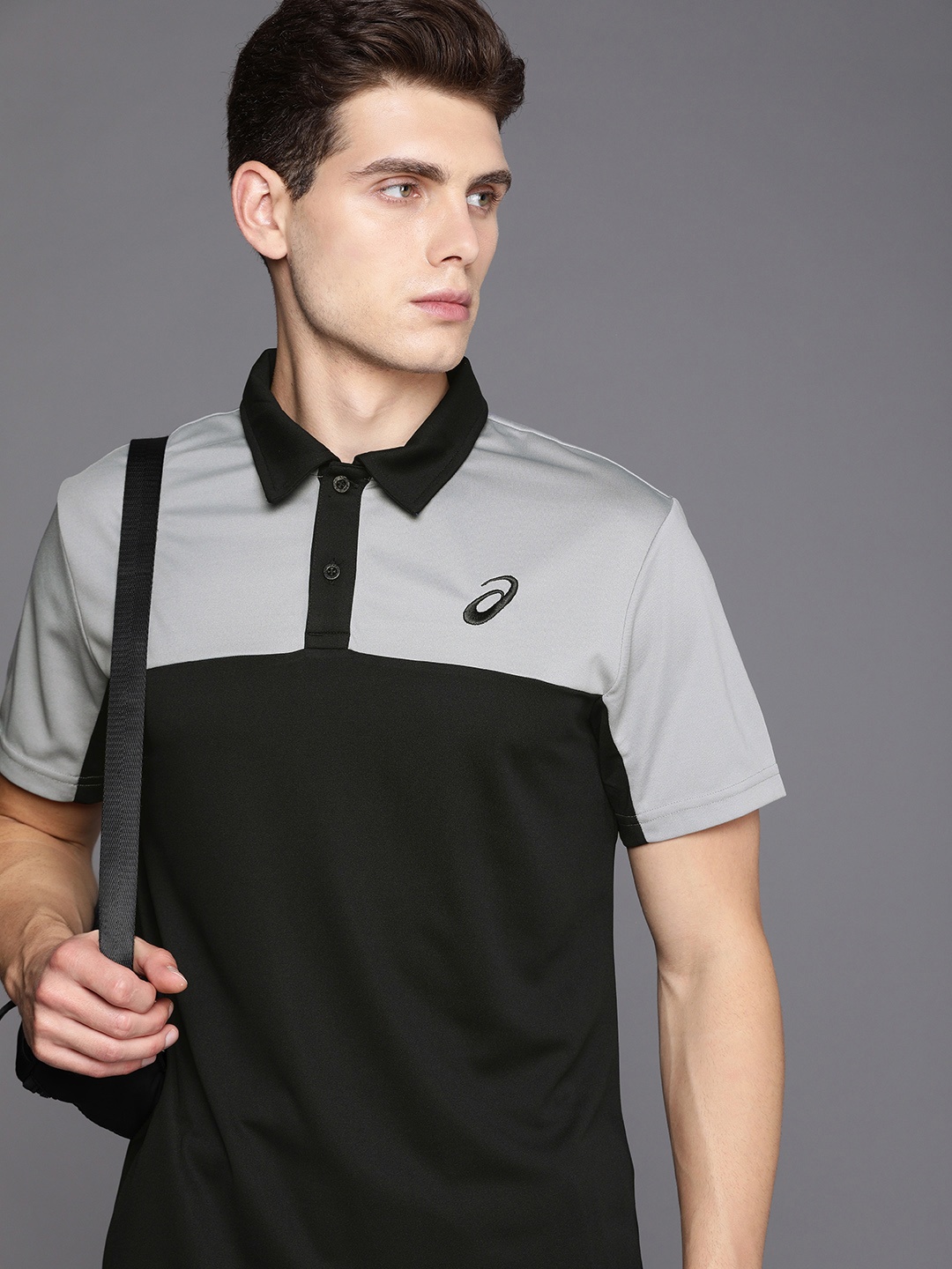 

ASICS Men Grey & Black Colourblocked Polo Collar Training T-shirt