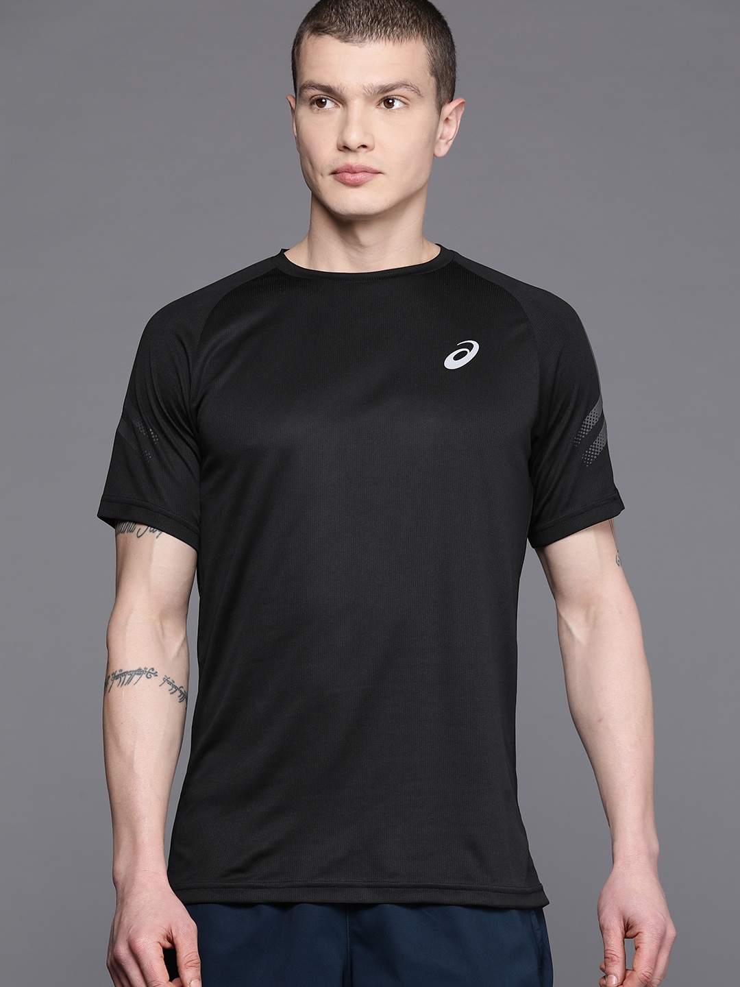 

ASICS Self-Striped Round-Neck Running T-shirt with Brand Logo Print Detail, Black