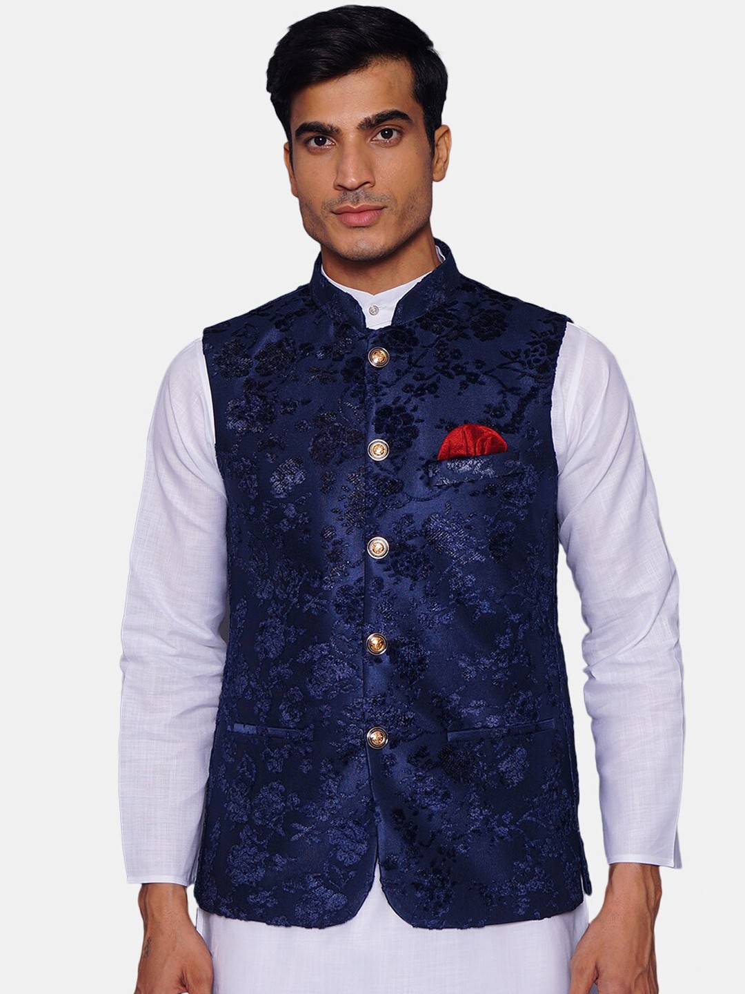 

Wintage Men Blue Woven-Design Velvet Nehru Jacket