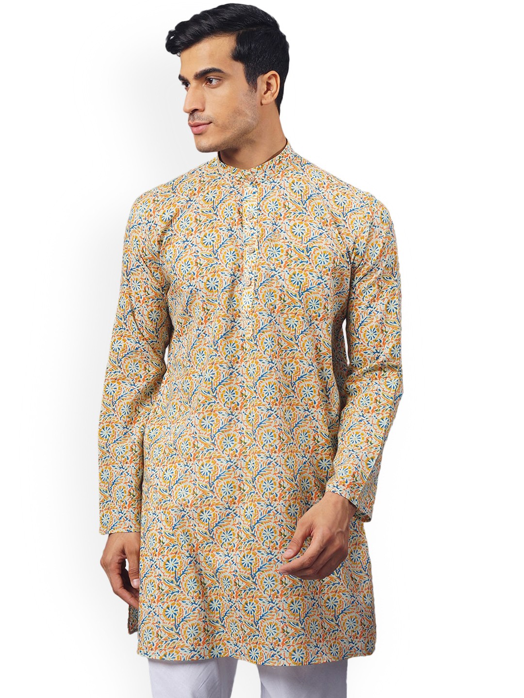 

Wintage Men Yellow & Blue Floral Printed Kurta