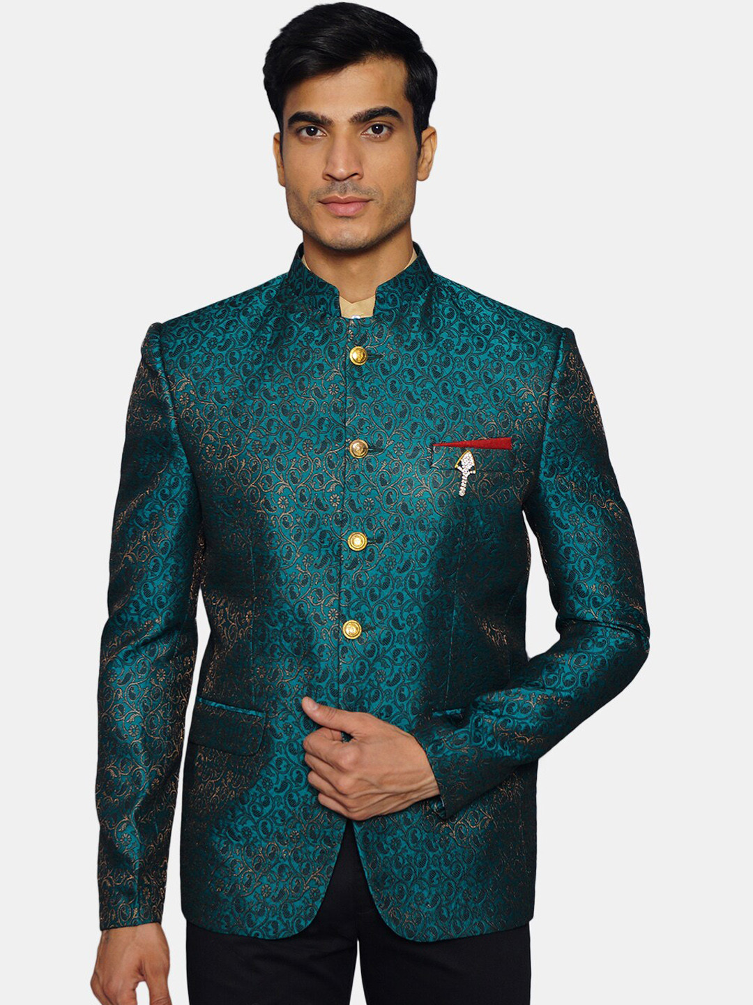 

Wintage Men Green & Black Self Design Bandhgala Ethnic Blazer