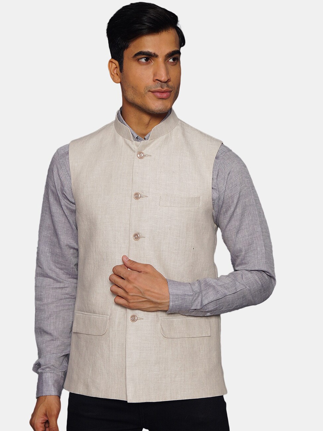

Wintage Men Cream Coloured Solid Woven Nehru Jacket