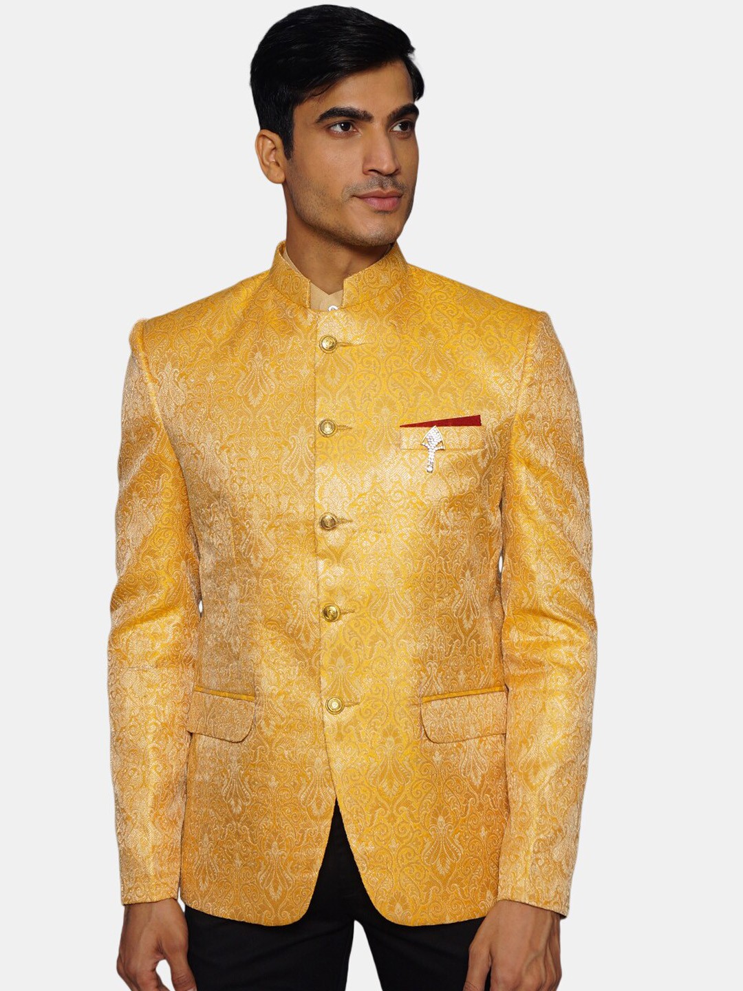 

Wintage Men Yellow & Gold-Coloured Self Design Bandhgala Ethnic Blazer