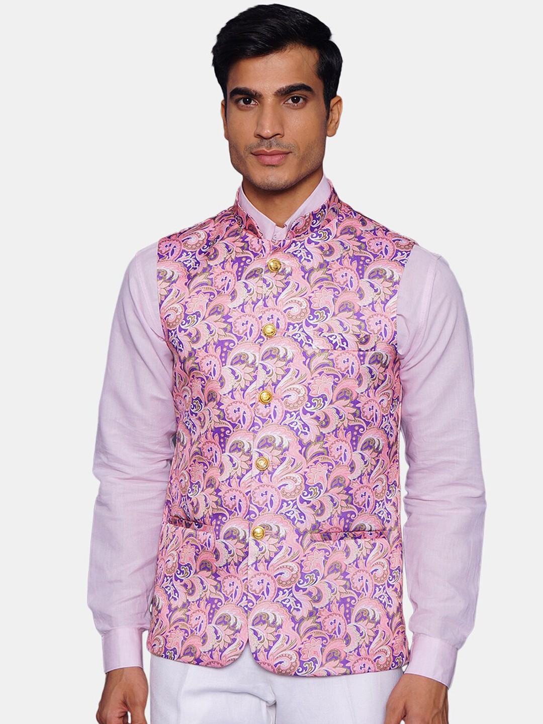 

Wintage Men Pink Printed Nehru Jacket