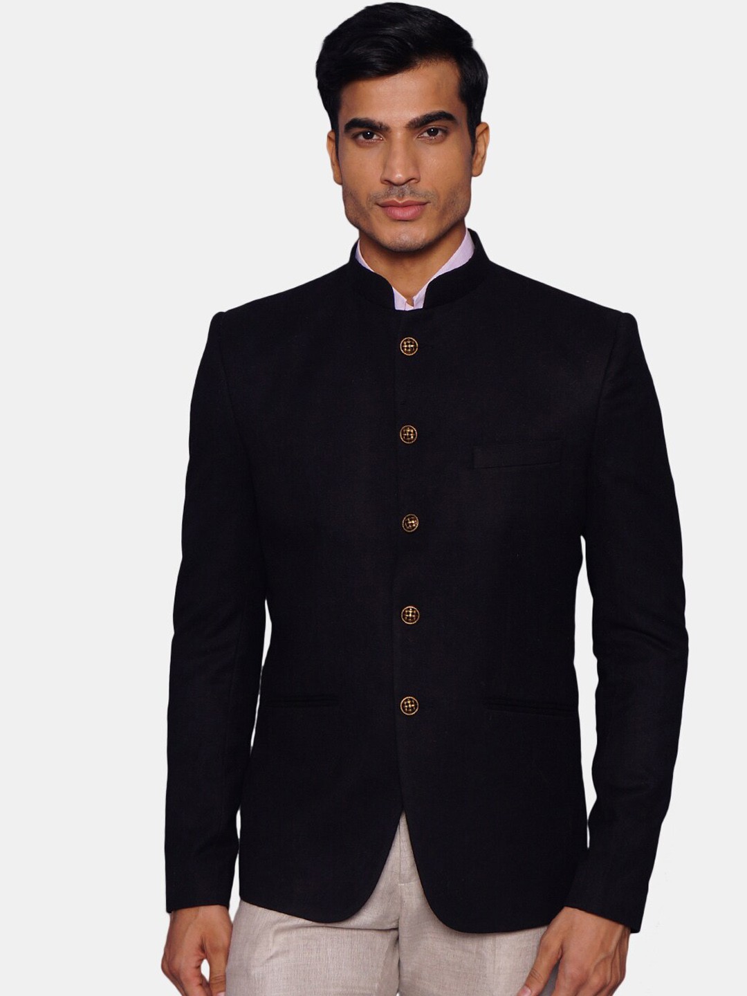

Wintage Men Black Solid Pure Woolen Bandhgala Blazer