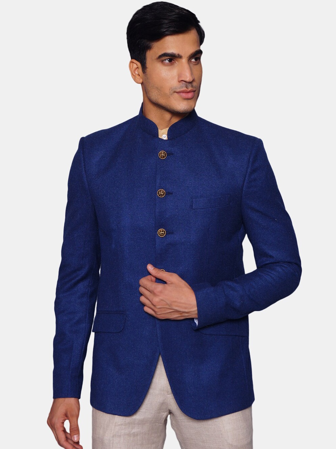 

Wintage Men Blue Solid Woolen Bandhgala Blazer