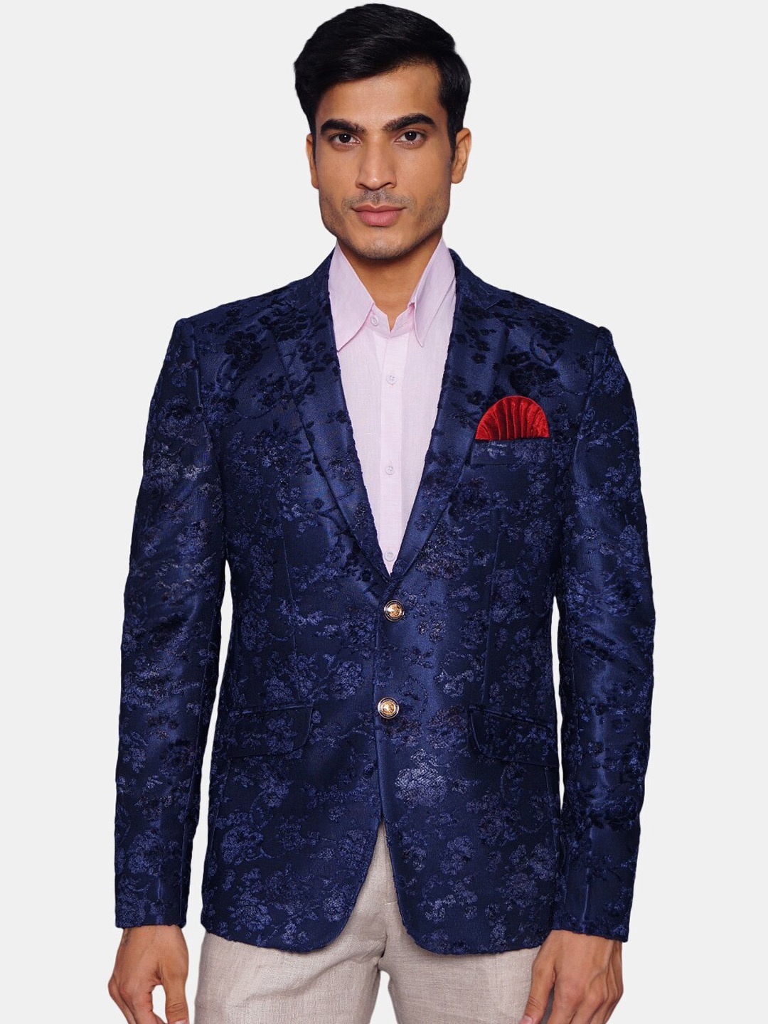 

Wintage Men Blue & Black Self Design Single-Breasted Ethnic Blazer