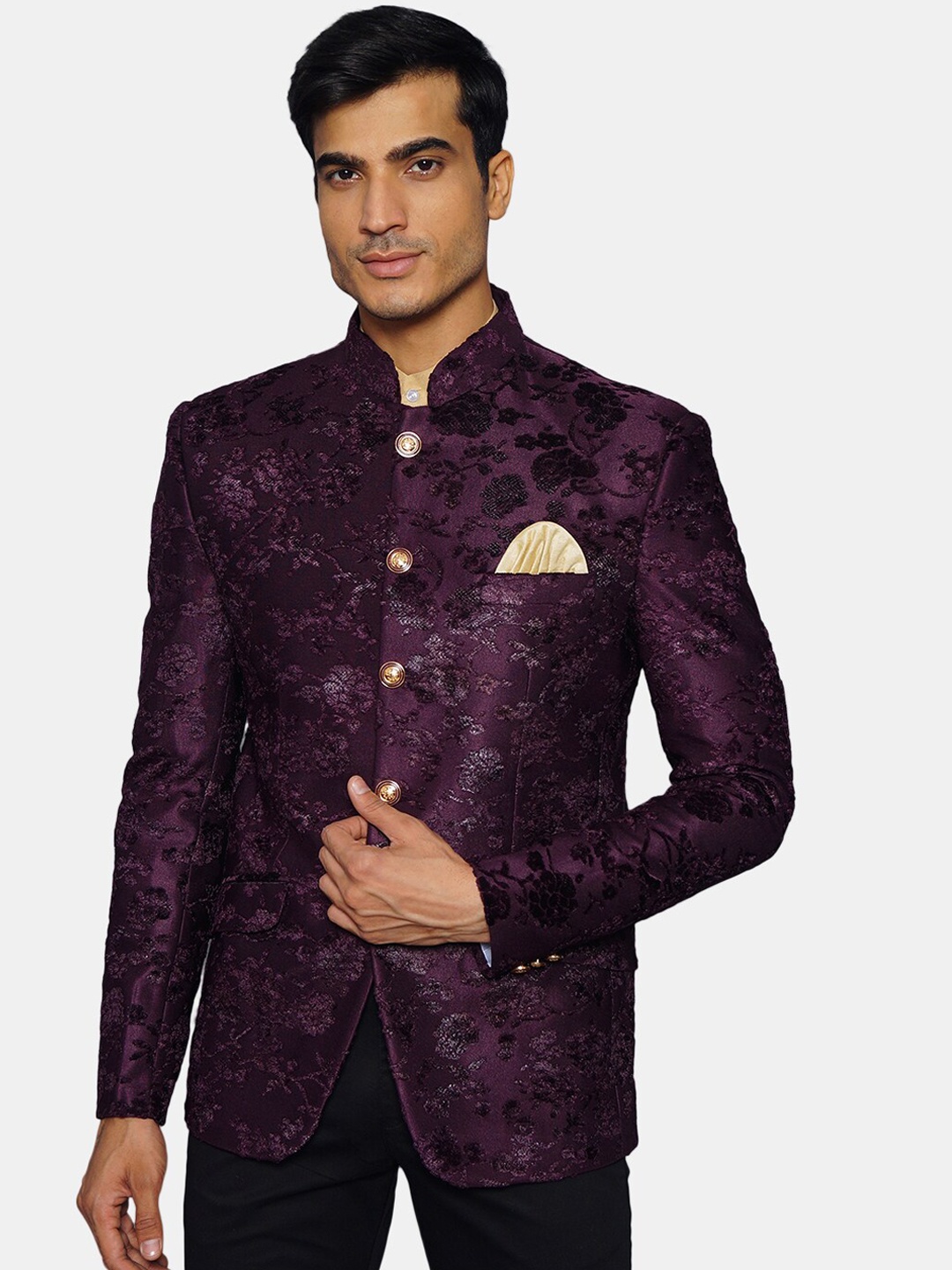 

Wintage Men Purple & Black Self Design Bandhgala Ethnic Blazer