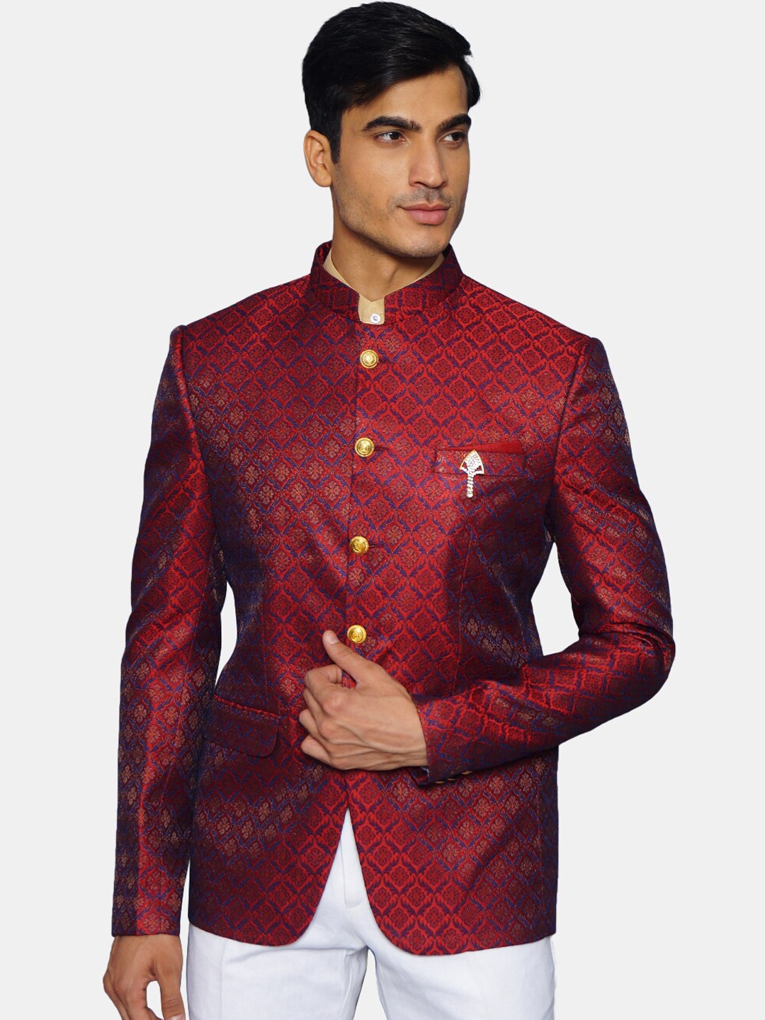 

Wintage Men Red & Black Printed Banarasi Bandhgala Blazer