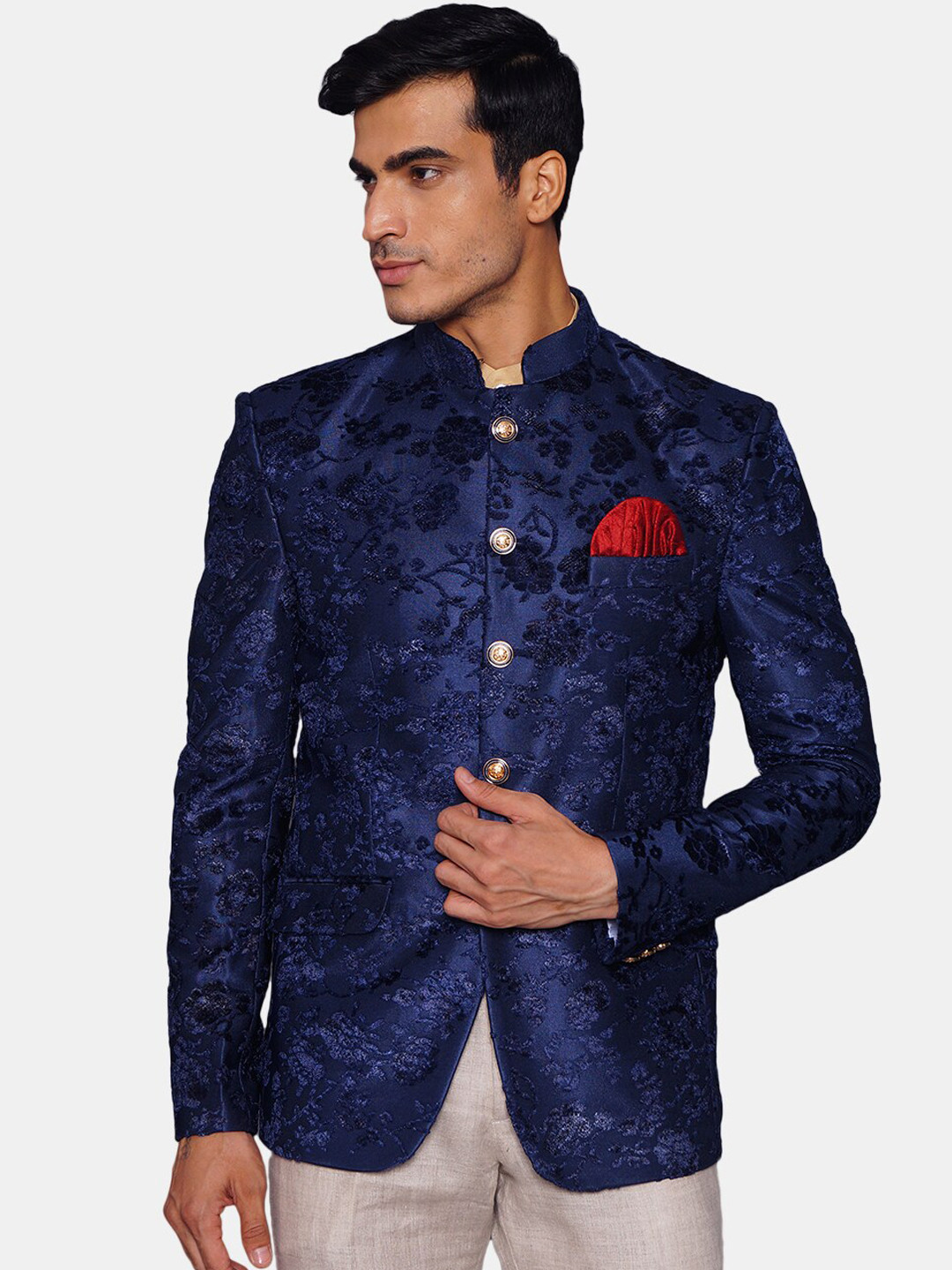 

Wintage Men Blue Self Design Bandhgala Ethnic Blazer
