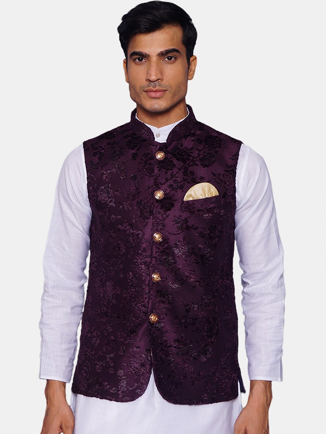 

Wintage Men Purple Woven Design Velvet Nehru Jacket