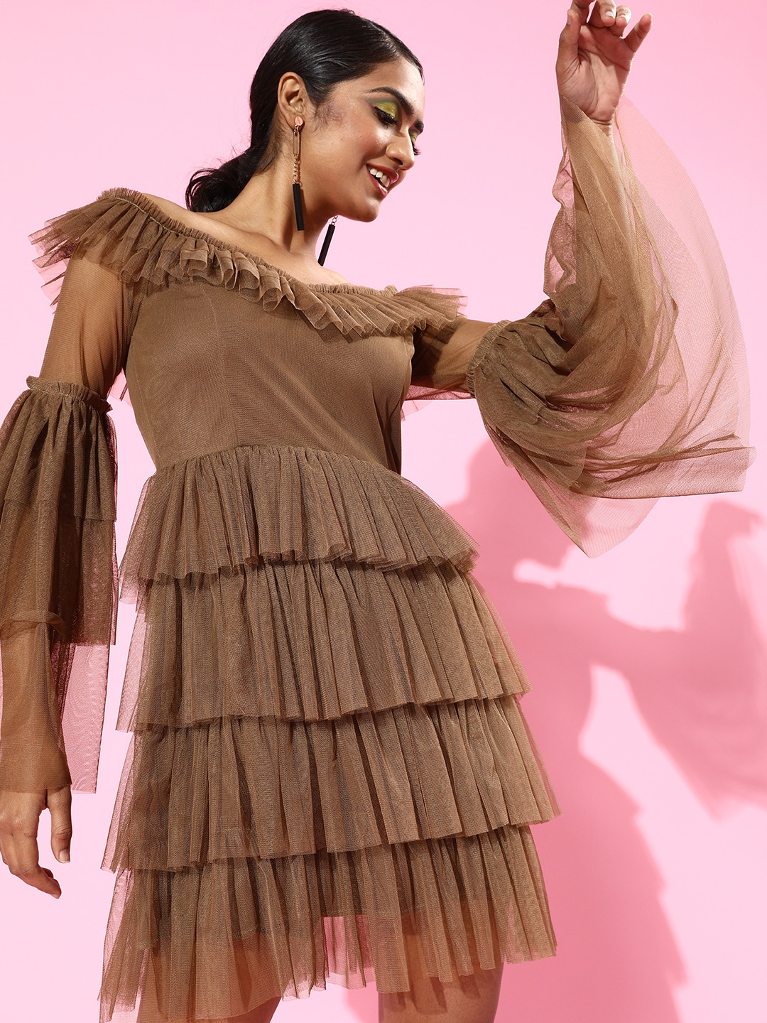 

KASSUALLY Brown Solid Tulle Ruffled Net Fit & Flare Tiered Dress