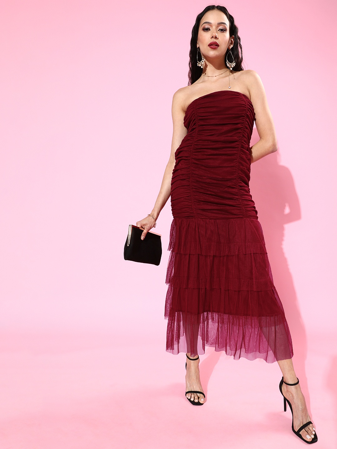 

KASSUALLY Maroon Solid Strapless Tulle Ruched Maxi Dress