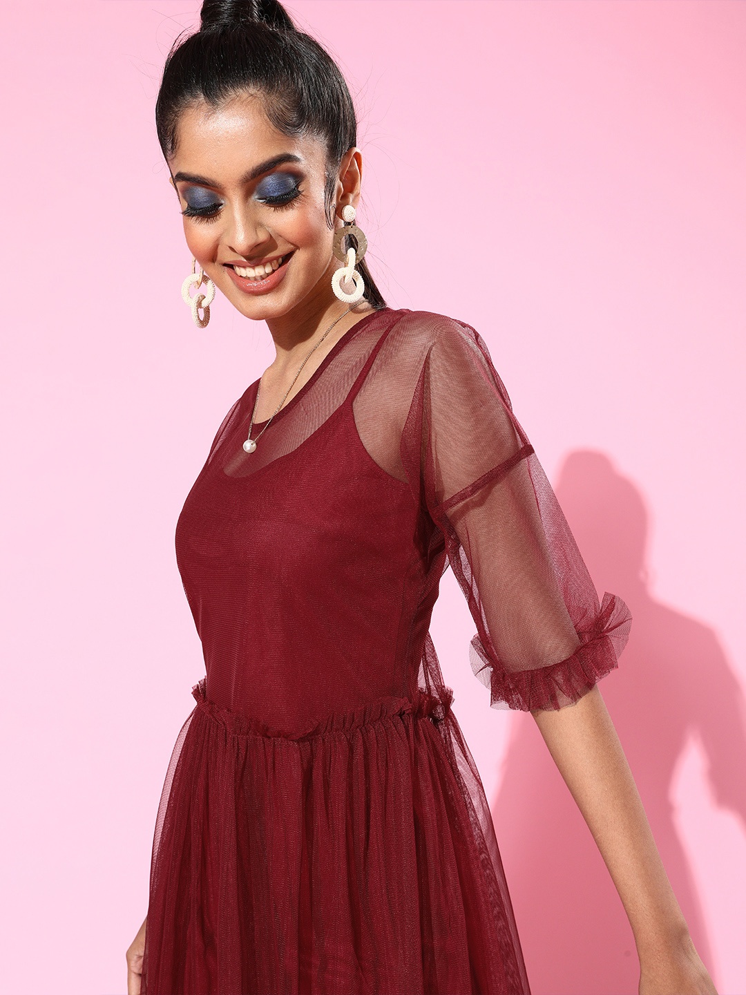 

KASSUALLY Women Charming Maroon Solid Tulle Dress