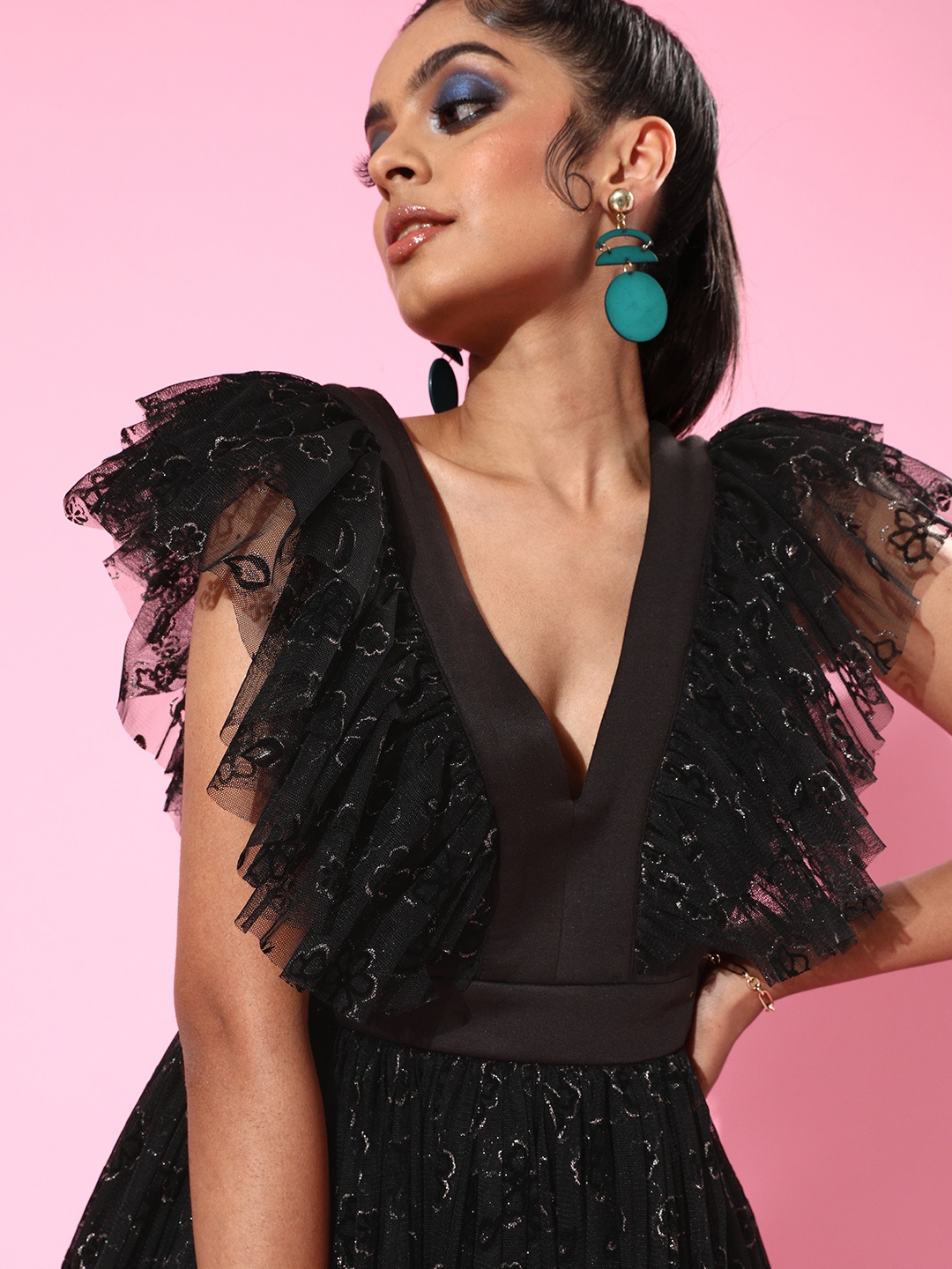 

KASSUALLY Women Stylish Black Floral Tulle Dress