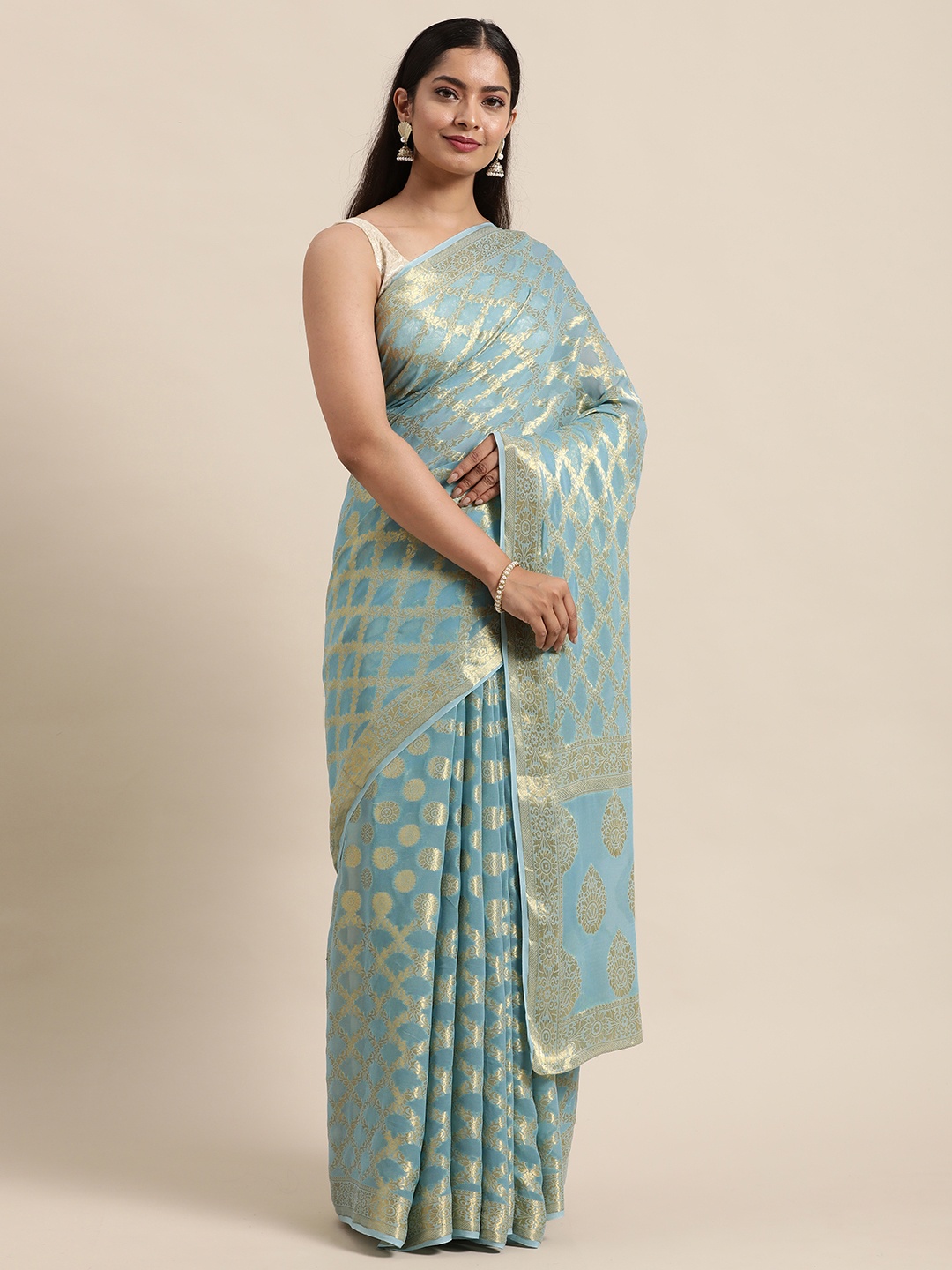 

Geroo Jaipur Blue Woven Design Zari Pure Georgette Saree