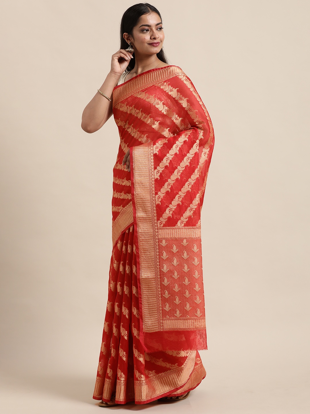 

Geroo Jaipur Red Woven Design Zari Silk Blend Saree