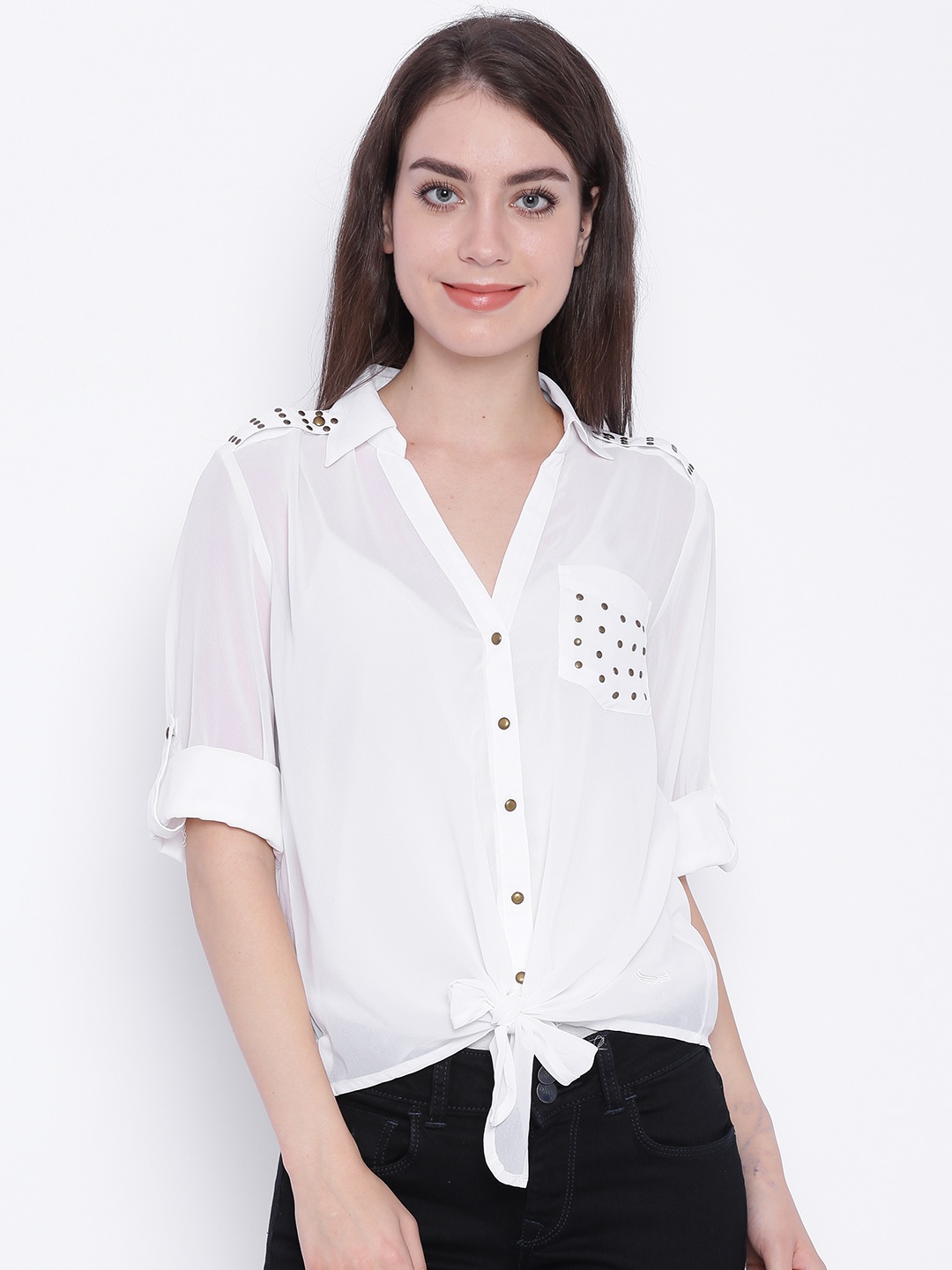 

Flying Machine Women White Solid Shirt Style Top