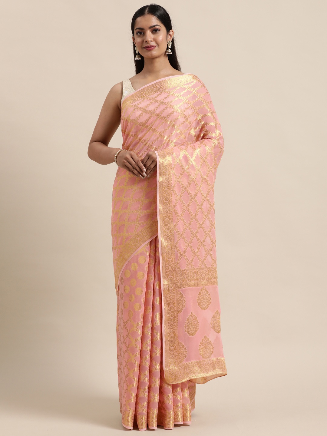 

Geroo Jaipur Pink Woven Design Zari Pure Georgette Saree