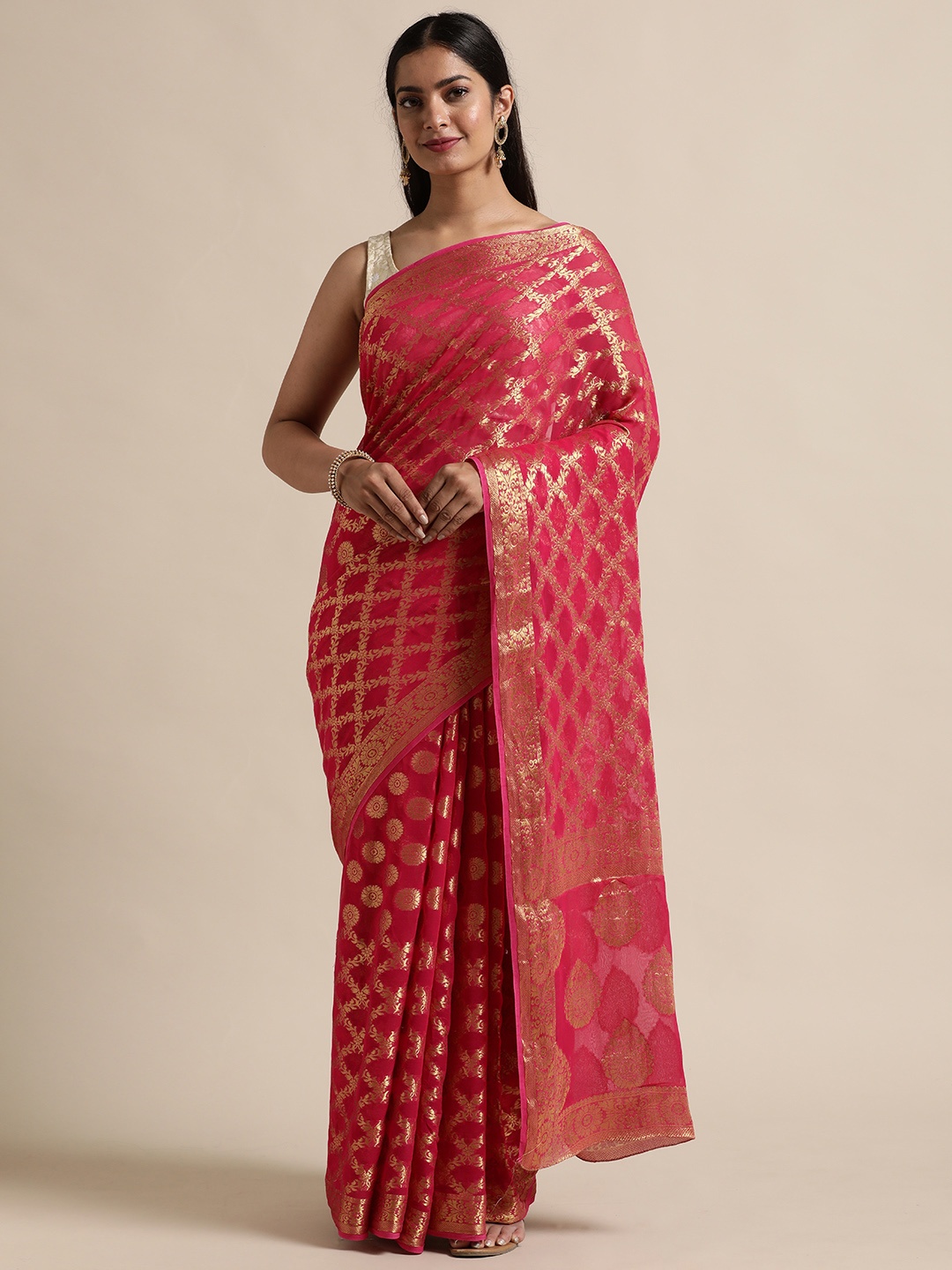 

Geroo Jaipur Magenta & Gold-Toned Woven Design Zari Pure Georgette Saree