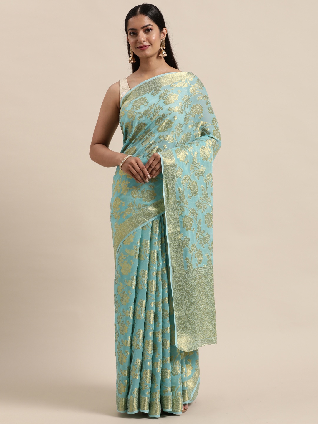 

Geroo Jaipur Turquoise Blue Woven Design Zari Pure Georgette Saree