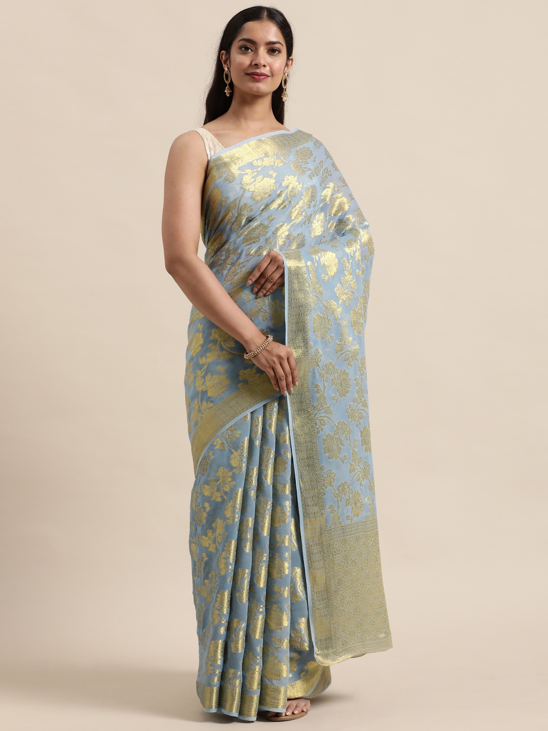 

Geroo Jaipur Grey & Gold-Toned Woven Design Zari Pure Georgette Saree