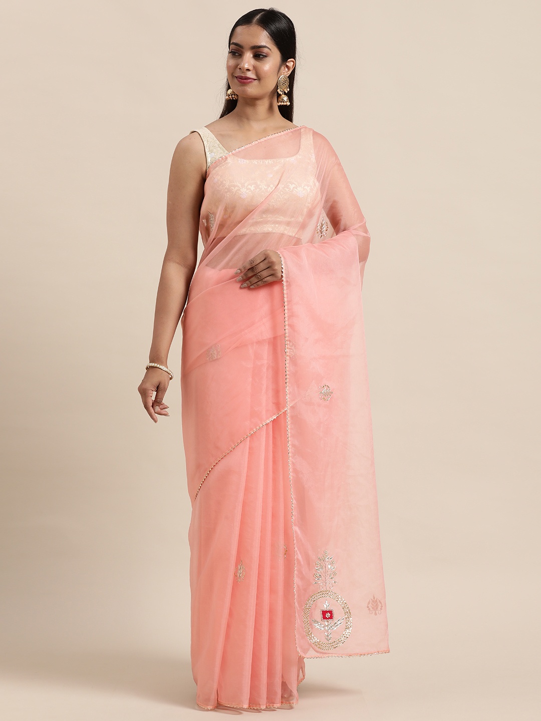 

Geroo Jaipur Peach-Coloured Embellished Gotta Patti Organza Saree