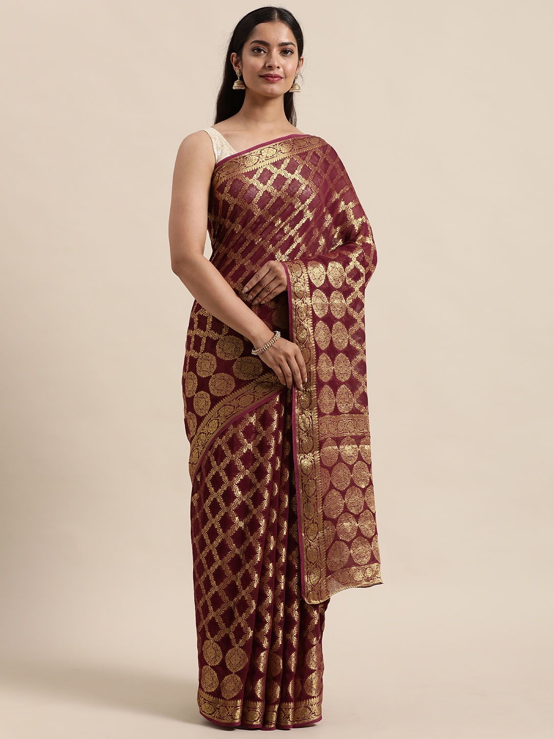 

Geroo Jaipur Maroon & Gold-Toned Woven Design Zari Pure Georgette Saree