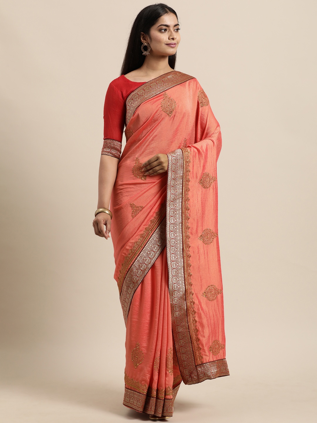 

LADUSAA Peach-Coloured Ethnic Motifs Embroidered Silk Blend Saree