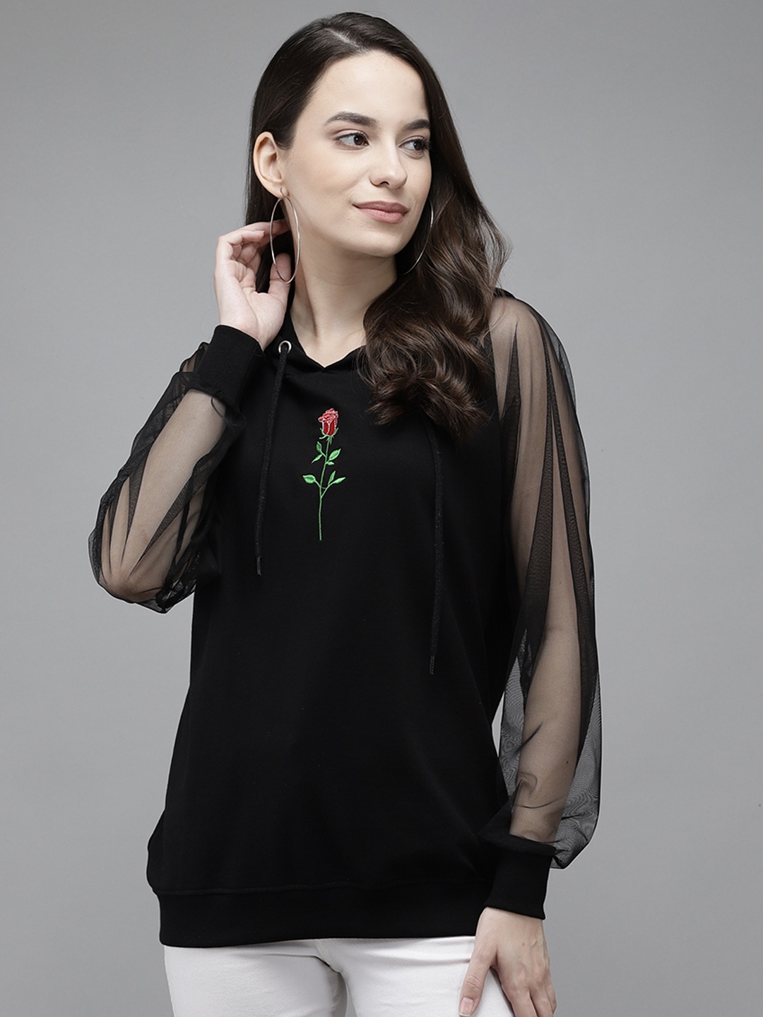 

The Dry State Women Black Hooded Sweatshirt with Rose Embroidered Detail
