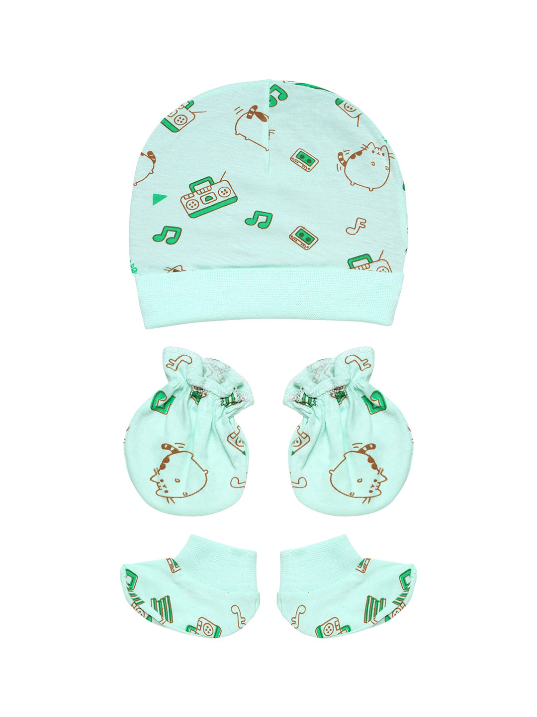 

Superminis Infant Kids Green Printed Cap With Booties & Mittens