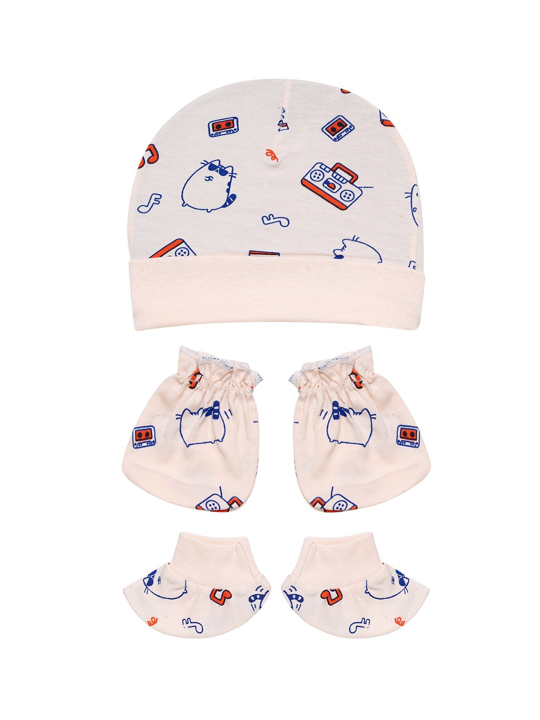 

Superminis Infants Peach Printed Caps, Socks and Mittens Set