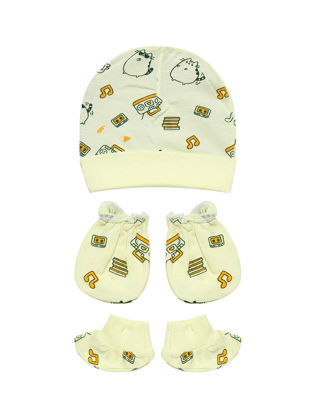 

Superminis Infants Light Yellow & Multicolored Printed Cap Booties & Mitten Set