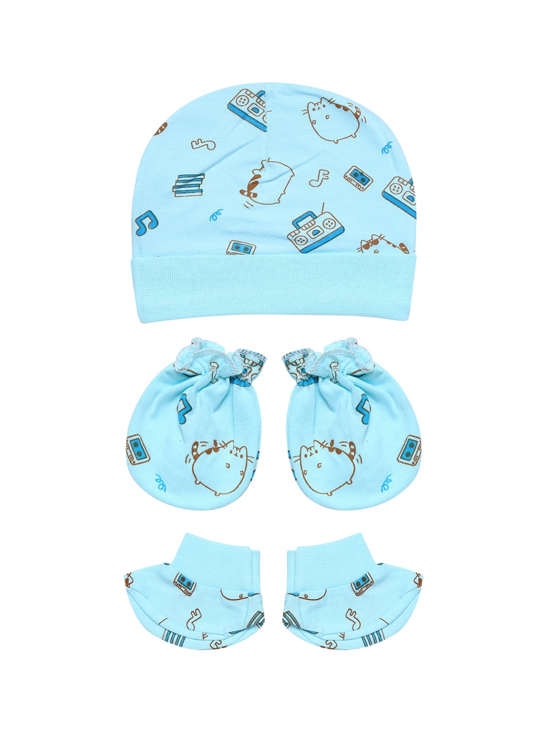 

Superminis Blue Infants Blue Printed Kids Cap Booties & Mitten Set