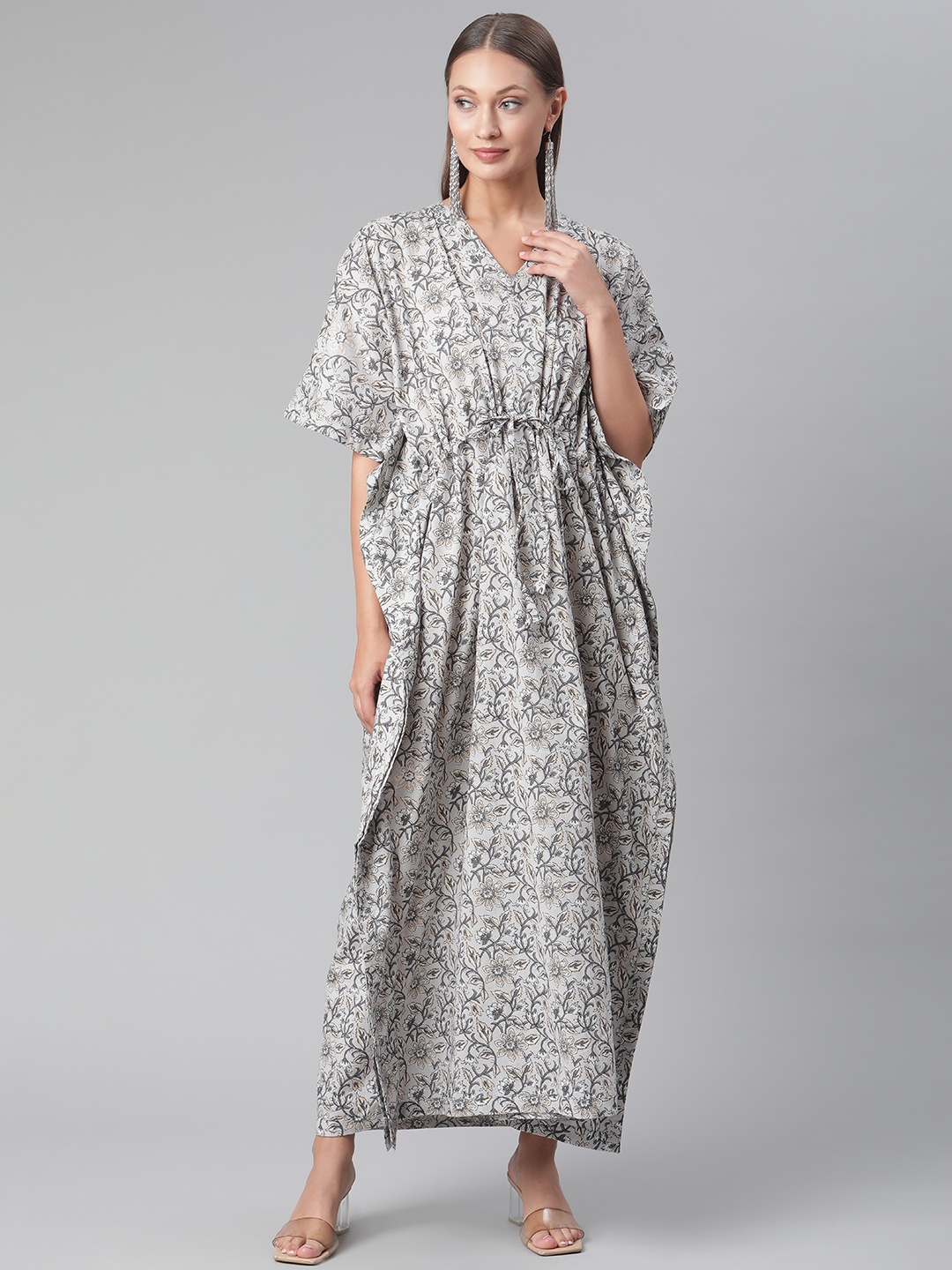 

Divena Women Grey Floral Printed Flared Sleeves Floral Kaftan Kurta